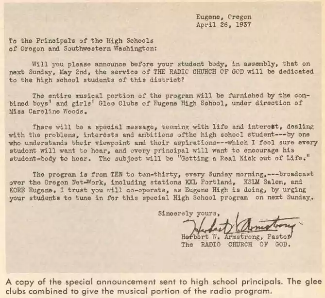 Ltr to High Schools of Oregon and Southwestern Washington, 26 April 1937